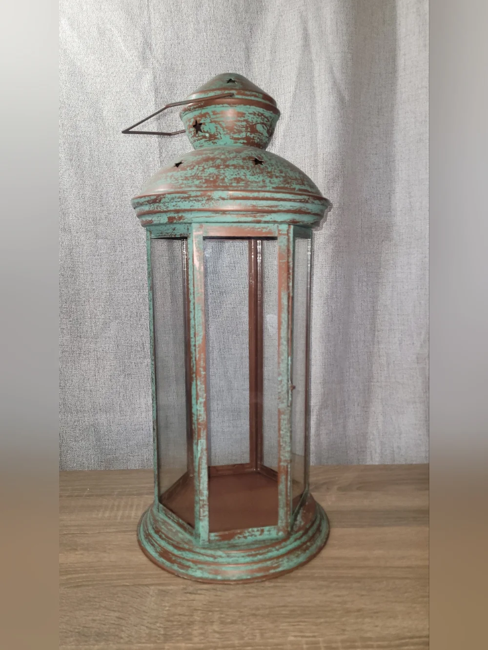Distressed Turquoise Metal Lantern Large 20